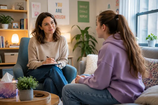 A young person speaking openly with a therapist