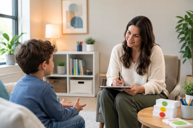 A supportive one-to-one conversation in a calm therapy setting