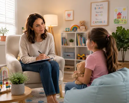A child working alongside a supportive mental health professional
