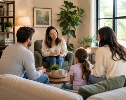 Parents and a child taking part in a family therapy conversation