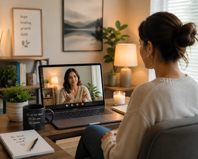 A client participating in a therapy session from home by video